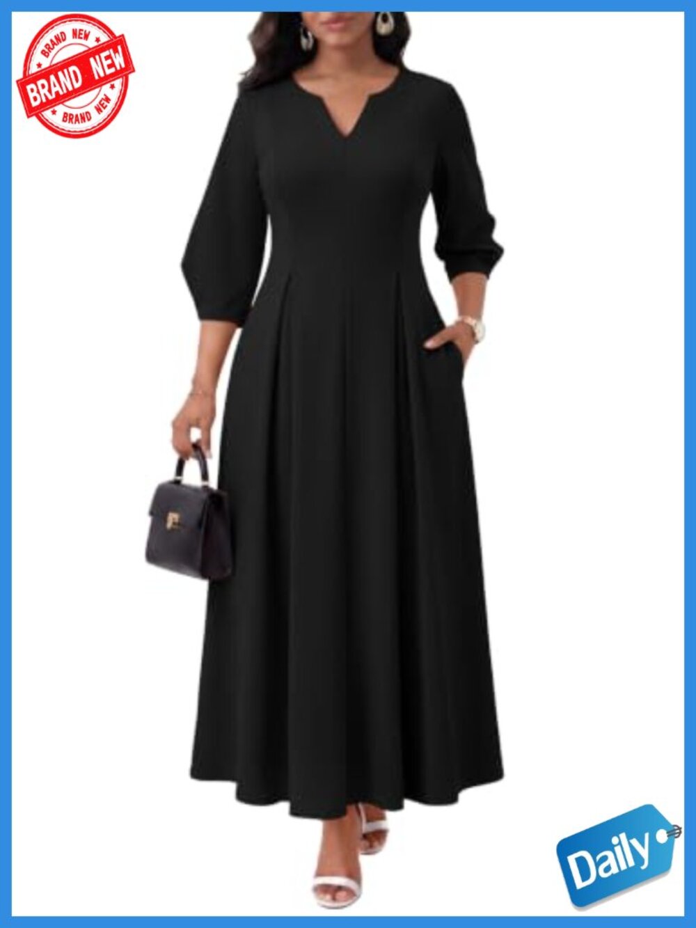 Puff Sleeve Maxi Dress Women High Waisted A-Line Fit Flare with Pockets